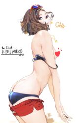 ass bikini black_bikini breasts brown_hair carina_(xiaowoo) censored character_name clothes_pull eyewear_on_head from_side highres jewelry kishi_mieko necklace onna_shunin_kishi_mieko red_shorts short_shorts shorts strap_slip sunglasses swimsuit