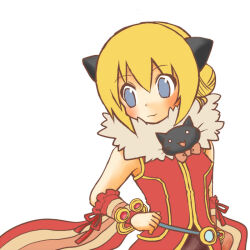 1girl :3 animal_ears blonde_hair blue_eyes brown_sleeves cat_brooch cat_ears cat_girl closed_mouth commentary_request double_bun dress fur_collar hair_bun professor_(ragnarok_online) ragnarok_online red_dress red_sleeves simple_background sleeveless sleeveless_dress smile solo striped_sleeves upper_body white_background yuetoko