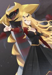 1girl black_choker black_dress blonde_hair choker creatures_(company) cynthia_(pokemon) cynthia_(sygna_suit)_(renegade)_(pokemon) dress game_freak gen_4_pokemon giratina giratina_(altered) grey_eyes hair_over_one_eye legendary_pokemon long_hair nail_polish nintendo official_alternate_costume parted_lips pointing pokemon pokemon_(creature) pokemon_masters_ex red_nails revision sakaralalala tiara twitter_username watermark wavy_hair