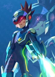 Rule 34 | 1boy, arm blade, battle damage, blue bodysuit, blue helmet, bodysuit, brown hair, energy sword, geo stelar (mega man), h2o (gueguecamp), helmet, highres, male focus, mega man (series), mega man star force (series), missing commentary, red-tinted eyewear, red eyes, signature, solo focus, star force mega man, sword, tinted eyewear, weapon, zoom layer