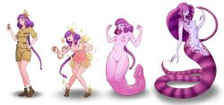 absurdres blunt_bangs breasts brown_shirt brown_shorts claws cleft_of_venus colored_skin corruption highres lamia medium_breasts monster_girl monsterification navel nipples original otocai purple_hair purple_skin pussy shirt shorts smile snake snake_bite snake_hair snake_hood tongue tongue_out transformation