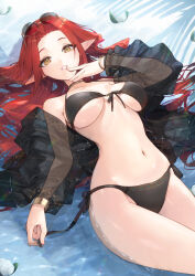 1girl bangle bikini bikini_under_clothes black_bikini bracelet breasts brown_eyes collarbone commentary_request elf eyewear_on_head finger_to_mouth forehead groin hair_spread_out hu_kotora jacket jewelry large_breasts long_hair long_sleeves looking_at_viewer navel off_shoulder open_clothes open_jacket original parted_bangs pointy_ears puffy_long_sleeves puffy_sleeves red_hair see-through_clothes shallow_water smile solo sunglasses swimsuit very_long_hair water