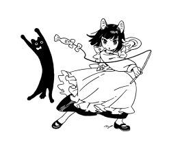 1girl animal_ears cat cat_ears cat_tail dot_nose dress frills full_body greyscale long_sleeves looking_at_viewer maeya_susumu mary_janes monochrome original shoes short_hair solo tail white_background