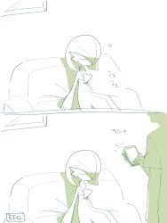 1boy absurdres artist_name bob_cut cellphone closed_eyes couch faceless faceless_male gardevoir gen_3_pokemon hair_over_one_eye highres hime_takeo nintendo phone pokemon pokemon_(creature) signature sitting sleeping smartphone