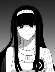 Rule 34 | 1girl, blunt bangs, dress, ganbin, gnosia, hair between eyes, hairband, highres, hime cut, long hair, looking at viewer, monochrome, simple background, smile, solo, straight hair, upper body, yuriko (gnosia)
