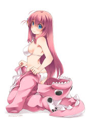 1girl absurdres ass bare_shoulders blue_eyes blush bocchi_the_rock! breasts butt_crack covered_erect_nipples cube_hair_ornament dinosaur_costume gotoh_hitori hair_ornament highres large_breasts long_hair median_furrow pink_hair simelu solo sweat underwear very_sweaty