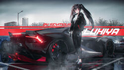 1girl absurdres artist_name black_hair black_jacket car character_name city cloud cloudy_sky commentary_request full_body highres jacket long_hair looking_at_viewer lucia:_plume_(pgr) lucia_(pgr) motor_vehicle multicolored_hair outdoors punishing:_gray_raven red_eyes red_hair scenery seymour_(sai_lu_er) shirt sky solo standing twintails urban white_shirt