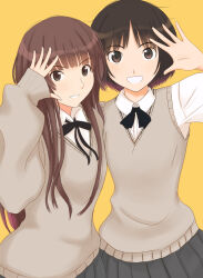2girls :d amagami arm_around_shoulder birthday black_bow black_bowtie black_skirt blunt_bangs bob_cut bow bowtie breasts brown_eyes brown_hair brown_sweater brown_sweater_vest collared_shirt commentary dress_shirt grin hair_over_shoulder hand_up highres kamizaki_risa kibito_high_school_uniform long_hair looking_at_viewer loose_hair_strand messy_hair multiple_girls open_mouth pleated_skirt school_uniform shirt short_hair side-by-side simple_background skirt sleeves_past_wrists small_breasts smile sweater sweater_vest tachibana_miya takemi_kaoru upper_body v-neck waving yellow_background