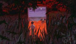 2boys abstract black_pants branch brown_hair brush_stroke faux_traditional_media full_moon grass highres hj_hikari0606 ikari_shinji impressionism instrument moon multiple_boys nagisa_kaworu neon_genesis_evangelion ocean painterly pants piano shirt short_hair tree white_hair white_shirt wide_shot