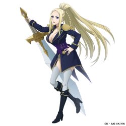 1girl blonde_hair blue_eyes breasts cleavage crossover high_heels large_breasts lipstick long_hair makeup official_art ponytail rionne_strail_bayreuth sword the_new_gate tsuki_ga_michibiku_isekai_douchuu weapon