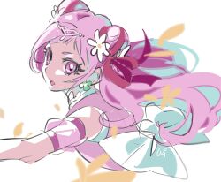 Rule 34 | 1girl, back bow, bare shoulders, beads, bow, circlet, clover earrings, collared shirt, cropped torso, cure yell, daisy (flower), detached sleeves, determined, double bun, floating hair, flower, four-leaf clover earrings, frilled shirt collar, frills, furrowed brow, hair beads, hair bun, hair flower, hair ornament, hair ribbon, heart, heart hair ornament, hugtto! precure, long hair, magical girl, makeup, mascara, nono hana, open mouth, outstretched arm, petals, pink eyes, pink hair, pink shirt, pink sleeves, precure, puffy short sleeves, puffy sleeves, red ribbon, ribbon, shipu (gassyumaron), shirt, short sleeves, simple background, sleeveless, sleeveless shirt, solo, very long hair, white background, white bow, white flower