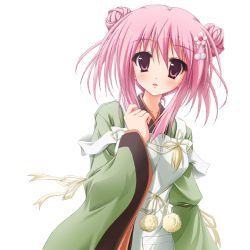 1girl apron blush collarbone double_bun female_focus flower hair_between_eyes hair_bun hair_flower hair_ornament hand_up japanese_clothes looking_at_viewer original parted_lips pink_eyes pink_hair pocket pom_pom_(clothes) ribbon simple_background solo suien upper_body white_background wide_sleeves
