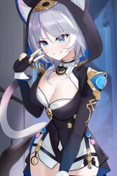 1girl absurdres animal_ear_fluff animal_ears animal_hood black_gloves black_leotard blue_eyes breasts cat_ears cat_girl cat_hood cat_tail cipher_(honkai:_star_rail) commentary_request fingerless_gloves gloves grey_hair highres honkai:_star_rail honkai_(series) hood hooded_leotard large_breasts leotard mole mole_on_breast short_hair_with_long_locks shorts smile tail v white_shorts yellow_nails zerotwenty_(020)