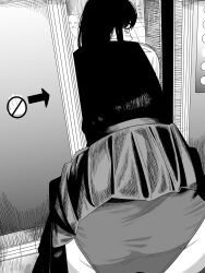 1girl arrow_(symbol) ass cat chainsaw_man dress elevator elevator_door fourth_east_high_school_uniform from_behind fujimoto_tatsuki_(style) greyscale highres looking_back monochrome nanami_toga panties pinafore_dress scar scar_on_face school_uniform shirt sleeveless sleeveless_dress solo stuck underwear yoru_(chainsaw_man)