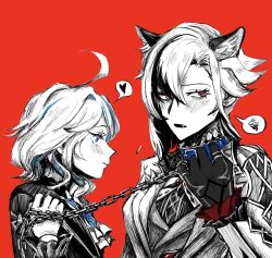 2girls ahoge animal_ears arlecchino_(genshin_impact) blue_eyes blush chain chain_leash collar curtained_hair fang frilled_sleeves frills furina_(genshin_impact) genshin_impact gloves hatching_(texture) leash leash_pull long_hair looking_at_another looking_to_the_side multicolored_hair multiple_girls partially_colored speech_bubble symbol-shaped_pupils user_knwe4753 wavy_hair x-shaped_pupils yuri