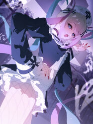 1girl :o absurdres black_choker black_dress blonde_hair blue_eyes blue_hair choker chouzetsusaikawa_tenshi-chan chouzetsusaikawa_tenshi-chan_(gothic_lolita) commentary dress fence gate ghost graveyard hair_ornament halloween hand_on_own_hip hat highres junpaku_karen long_hair long_sleeves multicolored_hair nail_polish needy_girl_overdose nun nurse_cap open_mouth pink_hair quad_tails red_nails red_pupils solo unfinished white_headdress