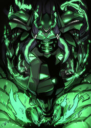 Rule 34 | 1boy, armor, aura, black hair, black skin, blazblue, blazblue: central fiction, blazblue: cross tag battle, clenched hands, colored skin, facing viewer, glowing, glowing eyes, green eyes, green hair, highres, horns, long hair, sharp teeth, susanoo (blazblue), talons, teeth, vermillion dice, walking