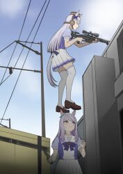 2girls absurdres animal_ears blue_sky bow bowtie brown_hat brown_shoes cloud counter-strike_(series) counter-strike_2 day ear_bow full_body gold_ship_(umamusume) green_bow grey_hair grin gun hashtag-only_commentary hat highres holding holding_gun holding_knife holding_weapon horse_ears horse_girl horse_tail horseshoe_ornament knife long_hair mejiro_mcqueen_(umamusume) multiple_girls olofboost outdoors pillbox_hat pleated_skirt power_lines puffy_short_sleeves puffy_sleeves purple_bow purple_bowtie purple_eyes purple_hair purple_shirt raikkonen rifle sailor_collar sailor_shirt school_uniform shirt shoes short_sleeves skirt sky smile sniper_rifle ssg_08 standing standing_on_person summer_uniform swept_bangs tail thighhighs tracen_school_uniform umamusume utility_pole weapon white_skirt white_thighhighs