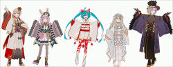 +++ 2boys 3girls :d absurdres adapted_costume animal_ear_fluff animal_ears arm_up barefoot black_boots black_flower black_gloves black_hakama black_hat black_kimono blonde_hair blue_hair boots brown_boots brown_eyes brown_hair closed_mouth crown fake_animal_ears flower gloves green_eyes grey_background grey_boots grey_jacket grey_kimono grin hair_between_eyes hair_over_one_eye hakama hakusai_(tiahszld) hand_up hat hat_flower hatsune_miku high_heels highres jacket japanese_clothes kamishiro_rui kimono kono_matsuri_ni_yuuyami_iro_mo_(project_sekai) kusanagi_nene lineup long_hair long_sleeves mermaid_ni_akogarete_(project_sekai) mini_crown multicolored_hair multiple_boys multiple_girls ootori_emu open_clothes open_jacket open_mouth outstretched_arm pants pantyhose pinching_sleeves pink_gloves pink_hair pink_kimono pointy_ears pop_future_princess_(project_sekai) project_sekai purple_eyes purple_jacket rabbit_ears red_eyes red_kimono red_pants revision shoes short_kimono simple_background sleeves_past_wrists smile standing standing_on_one_leg streaked_hair tenma_tsukasa tilted_headwear top_hat twintails two-tone_hair v-shaped_eyebrows very_long_hair vocaloid wide_sleeves wonder_magical_showtime!_(project_sekai) wonderlands_x_showtime_(project_sekai) wonderlands_x_showtime_miku