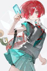 1girl absurdres amate_yuzuriha aqua_eyes aqua_shirt aqua_skirt bag bag_charm charm_(object) cowboy_shot food grey_background grey_sweater_vest gundam gundam_gquuuuuux highres holding holding_food holding_popsicle looking_at_viewer miniskirt necktie pleated_skirt popsicle red_hair school_uniform shirt short_hair short_sleeves shorts shorts_under_skirt shoulder_bag skirt solo suzumi_(ccroquette) sweater_vest tongue tongue_out