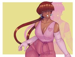1girl 1shermieaday breasts curvy dark-skinned_female dark_skin earrings female_focus gloves heart huge_breasts jewelry large_breasts long_hair pants red_hair shermie_(kof) standing tan the_king_of_fighters thick_thighs thighs twintails wide_hips