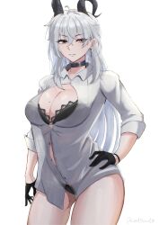 Rule 34 | 1girl, absurdres, and0ando, black bra, black choker, black gloves, black horns, black panties, bra, breasts, choker, collared shirt, commentary, cowboy shot, curled horns, earrings, gloves, hair between eyes, hand on own hip, highres, horns, jewelry, key earrings, lace, lace-trimmed bra, lace trim, large breasts, long hair, looking at viewer, mole, mole on breast, mole on thigh, panties, parted lips, partially unbuttoned, shirt, signature, solo, underwear, very long hair, white shirt, wuthering waves, zani (wuthering waves)