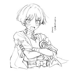 Rule 34 | 1boy, absurdres, armor, artist name, belt, blunt ends, blush, bodysuit, bow, bridal gauntlets, covered collarbone, crossed arms, feathers, furisode, gem, genshin impact, greyscale, hand on own arm, highres, imo ni, japanese armor, japanese clothes, kimono, kote, layered sleeves, looking at viewer, male focus, mandarin collar, monochrome, open mouth, rope, scaramouche (genshin impact), short sleeves, shoulder peek, sketch, solo, sweatdrop, teeth, translation request, upper body, upper teeth only, v-shaped eyebrows, vision (genshin impact), wanderer (genshin impact), wide-eyed, wispy bangs