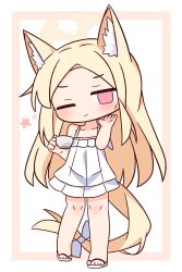 1girl ;) absurdres animal_ear_fluff animal_ears bare_arms bare_shoulders blonde_hair blue_archive blush bow brown_background chibi closed_mouth collarbone cup dress empty_eyes forehead fox_ears fox_girl fox_tail full_body halo hana_kazari hand_up highres holding holding_cup large_variant_set long_hair looking_at_viewer one_eye_closed parted_bangs pink_eyes sandals seia_(blue_archive) sleeveless sleeveless_dress smile solo standing star_(symbol) tail tail_bow tail_ornament two-tone_background v-shaped_eyebrows variant_set very_long_hair white_background white_bow white_dress white_sandals