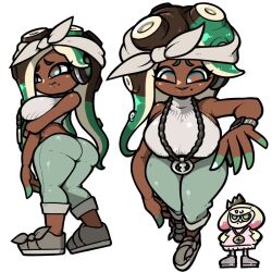 2girls aqua_hair aqua_pants ass bandana bare_shoulders blue_eyes breasts brown_hair cephalopod_eyes crop_top dark-skinned_female dark_skin furrowed_brow grey_footwear horizontal_pupils inkling large_breasts long_hair marina_(dj_hyperfresh)_(splatoon) marina_(splatoon) medallion mole mole_under_mouth multicolored_hair multiple_girls name_omoitukan2 nintendo octoling pants pearl_(mc.princess)_(splatoon) pearl_(splatoon) pink_pupils ribbed_shirt shiny_skin shirt shoes simple_background sleeveless sleeveless_shirt splatoon_(series) splatoon_2 splatoon_2:_octo_expansion tentacle_hair thick_lineart turtleneck turtleneck_shirt two-tone_hair watch white_background white_bandana white_shirt wristwatch