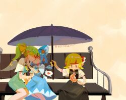 3girls ascot bench black_dress black_vest blonde_hair blue_bow blue_dress blue_hair blunt_bangs blush bow breasts chicken_(food) chicken_leg cirno closed_eyes daiyousei dress eating fairy_wings food green_hair grmarsa hair_bow hair_ribbon hand_on_another&#039;s_chest heart highres holding holding_umbrella ice ice_wings kiss looking_at_food looking_down medium_breasts multiple_girls ponytail red_ascot red_ribbon ribbon rumia shirt short_sleeves side_ponytail sitting small_breasts spoken_heart touhou twitter_username umbrella vest white_shirt white_undershirt wings yellow_bow yuri |_|