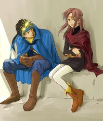 1boy 1girl bandana black_hair blonde_hair boots brown_eyes cape crossed_arms earrings flik_(suikoden) gensou_suikoden gensou_suikoden_i gloves highres jewelry konami odessa_silverberg pantyhose red_hair sitting