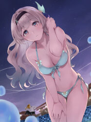 1girl alternate_costume aqua_bikini bikini black_hairband breasts cleavage collarbone firefly_(honkai:_star_rail) front-tie_bikini_top front-tie_top grey_hair hair_between_eyes hair_intakes hair_ornament hairband hand_in_own_hair hand_on_own_thigh highres honkai:_star_rail honkai_(series) jojobirdz large_breasts leaning_forward long_hair looking_at_viewer navel parted_lips pink_eyes side-tie_bikini_bottom solo stomach swimsuit