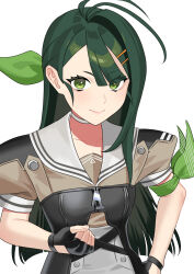 1girl ahoge akagi_kurage antenna_hair black_gloves breasts dress fingerless_gloves gloves green_eyes green_hair hair_ornament hair_ribbon highres kantai_collection lips long_hair looking_at_viewer pleated_skirt ribbon sailor_collar school_uniform serafuku shirt short_sleeves skirt small_breasts smile solo sugi_(kancolle) upper_body