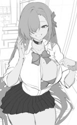 1girl asuna_(blue_archive) asuna_(school_uniform)_(blue_archive) asymmetrical_bangs blue_archive bow bowtie breasts chair choker classroom collarbone collared_shirt commentary desk dress_shirt eyelashes greyscale grin hair_bow hair_over_one_eye hand_up highres indoors large_breasts layered_clothes leotard locker long_bangs long_hair looking_at_viewer loose_bowtie miniskirt mole mole_on_breast monochrome one_eye_covered open_clothes open_shirt opened_by_self perspective playboy_bunny pleated_skirt raijuu_(bakanara) school_chair school_desk school_uniform scrunchie shadow shirt shirt_tucked_in sitting sitting_on_table sketch skirt sleeves_rolled_up smile solo thick_thighs thighs vanishing_point window wrist_scrunchie