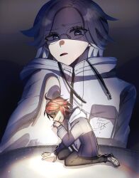 2boys ahoge aotsuki_eito black_background black_hair blue_eyes full_body glasses gradient_background grey_background hand_up highres jacket kneeling long_sleeves male_focus messy_hair multicolored_hair multiple_boys open_mouth red_eyes size_difference sumino_takumi teeth the_hundred_line_-last_defense_academy- upper_body white_hair white_jacket