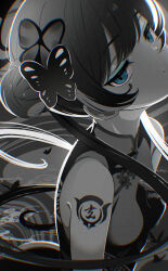 1girl absurdres arm_tattoo bare_arms bare_shoulders blue_archive blue_eyes butterfly_hair_ornament china_dress chinese_clothes closed_mouth double_bun dragon_print dress greyscale greyscale_with_colored_eyes hair_bun hair_ornament highres kisaki_(blue_archive) long_hair looking_at_viewer monochrome rindou_ringdong sidelocks sleeveless sleeveless_dress solo tattoo twintails