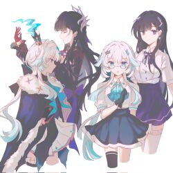2girls alternate_costume black_hair black_thighhighs blue_eyes blue_skirt breasts cape cerydra_(honkai:_star_rail) cropped_legs crown dress fujishenhai1 fur-trimmed_cape fur_trim glasses gloves hair_intakes hair_ornament hashtag-only_commentary highres honkai:_star_rail honkai_(series) hysilens_(honkai:_star_rail) large_breasts long_hair mini_crown multiple_boys multiple_girls purple_dress purple_eyes purple_gloves purple_skirt shirt simple_background single_thighhigh skirt thighhighs white_background white_shirt white_skirt white_thighhighs