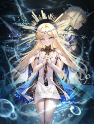 Rule 34 | 2girls, absurdres, bare shoulders, black collar, black dress, blue eyes, breasts, cartethyia (wuthering waves), closed mouth, collar, commentary request, crown of thorns, dress, earrings, fleurdelys (wuthering waves), highres, jewelry, large breasts, light smile, looking at viewer, medium breasts, multiple girls, necklace, own hands clasped, own hands together, parted bangs, pointy ears, sidelocks, tabard, tacet mark (wuthering waves), white tabard, wuthering waves, yinghuahua