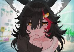 1girl absurdres alternate_costume animal_ear_fluff animal_ears black_hair black_jacket blurry blurry_background commentary_request fingernails flipped_hair hair_ornament hairclip hand_up highres hololive indoors jacket long_hair looking_at_viewer messy_hair multicolored_hair ookami_mio open_mouth red_hair single_off_shoulder sleeves_past_wrists solo streaked_hair tank_top two-tone_hair very_long_hair virtual_youtuber white_tank_top wolf_ears wolf_girl yellow_eyes yuuppi