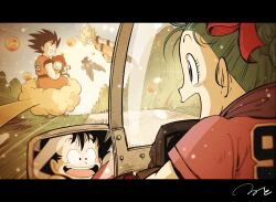 Rule 34 | 1girl, 6+boys, age progression, black hair, blonde hair, blue hair, bulma, dark-skinned male, dark skin, dougi, dragon ball, dragon ball (classic), dragon ball (object), dragonball z, flying nimbus, from behind, highres, motor vehicle, motorcycle, multiple boys, multiple persona, open mouth, orange pants, orange shirt, pants, pink shirt, pov, ruto830, shirt, son gohan, son goku, spiked hair, super saiyan, super saiyan 1, uub, waving, yellow theme