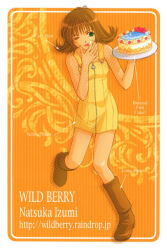 1girl arrow_(symbol) artist_name bad_id boots brown_boots brown_hair cake commentary_request english_text final_fantasy final_fantasy_viii fish food food_on_hand full_body green_eyes hand_up holding holding_cake holding_food holding_plate izumi_natsuka knee_boots licking licking_finger looking_to_the_side medium_hair one_eye_closed orange_background orange_theme overalls plate selphie_tilmitt smile solo tongue tongue_out yellow_overalls