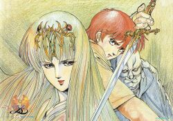 1990s_(style) 1girl 2boys adol_christin bald blonde_hair blue_eyes copyright_name green_eyes headpiece holding holding_sword holding_weapon long_hair multiple_boys non-web_source official_art open_mouth red_eyes red_hair retro_artstyle scan short_hair smile sword traditional_media weapon ys