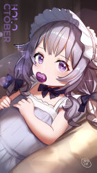 1girl aged_down baby blush bonnet braid commentary cradle dreadpunk dress english_commentary grey_hair highres hololive hololive_english jewel_under_eye koseki_bijou light_particles long_hair looking_at_viewer pacifier purple_dress purple_hair solo twin_braids virtual_youtuber white_bonnet
