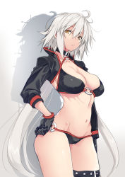 10mo 1girl ahoge bikini black_bikini black_choker black_gloves breasts choker cleavage fate/grand_order fate_(series) gloves grey_background hand_on_own_hip highres jeanne_d&#039;arc_alter_(swimsuit_berserker)_(fate) jeanne_d&#039;arc_(fate) jeanne_d&#039;arc_alter_(fate) jeanne_d&#039;arc_alter_(swimsuit_berserker)_(fate) large_breasts legs long_hair navel o-ring o-ring_bikini o-ring_bottom shrug_(clothing) solo swimsuit thighhighs thighs very_long_hair white_hair yellow_eyes