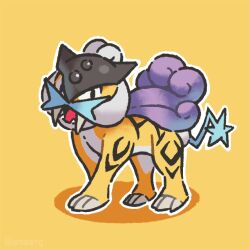 chibi gen_2_pokemon legendary_pokemon looking_at_viewer nintendo no_humans outline pokemon pokemon_(creature) raikou simple_background smore_(smearg) solo yellow_background
