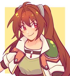 1girl absurdres ahoge antenna_hair armor border brown_hair commentary cropped_jacket double-parted_bangs eiyuu_densetsu english_commentary estelle_bright hair_between_eyes hajimari_no_kiseki highres jewelry long_hair pauldrons pendant portrait red_eyes sen_no_kiseki sen_no_kiseki_(series) sen_no_kiseki_iv short_sleeves shoulder_armor single_pauldron smile sora_no_kiseki tamatanz twintails two-tone_background upper_body very_long_hair white_border yellow_background