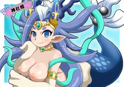 1girl bare_shoulders blue_background blue_eyes blue_hair blush border breasts character_name cleavage collarbone eyeshadow halftone halftone_background highres jewelry jinjahime_(youkai_watch) large_breasts long_hair looking_at_viewer makeup mermaid monster_girl nazca_(rapid-rabbit&#039;s) necklace nipples no_pupils outside_border pointy_ears puffy_nipples purple_eyeshadow seigaiha short_eyebrows simple_background smile solo thick_eyebrows topless_female white_border youkai_(youkai_watch) youkai_watch youkai_watch_world
