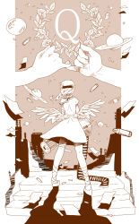 1girl 7:24 ballet_slippers bandaged_arm bandaged_leg bandages braid brown_sky bullet debris falling_paper from_behind gatling_gun highres hospital_gown leaf long_hair low_wings pillarboxed pinky_swear planet planetary_ring q_(vocaloid) ruins shadow single_braid solo song_name stairs star_(symbol) wings