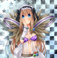 1girl belt black_background black_bow black_hairband blue_eyes blush bow breasts brown_hair checkered_background cleavage closed_mouth commentary_request detached_sleeves dress frilled_hairband frills fur_collar grey_belt hair_bow hairband hand_on_own_cheek hand_on_own_face large_breasts long_hair looking_at_viewer meiko_(nattu303) navel ragnarok_online sleeveless sleeveless_dress smile solo sorcerer_(ragnarok_online) star_(symbol) upper_body white_dress white_sleeves