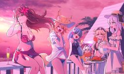 6+girls animal_ear_fluff animal_ears anne_bonny_(fate) anne_bonny_(swimsuit_archer)_(first_ascension)_(fate) ball bare_shoulders beachball bikini black_hat blonde_hair blue_eyes blue_one-piece_swimsuit breasts closed_eyes cloud commentary dragon_horns dress eating fate/grand_order fate_(series) flower food fox_ears fox_girl fox_tail green_hair grey_hair hair_flower hair_ornament hat highres holding holding_ball holding_beachball horns kiyohime_(fate) kiyohime_(swimsuit_lancer)_(second_ascension)_(fate) large_breasts marie_antoinette_(fate) marie_antoinette_(swimsuit_caster)_(second_ascension)_(fate) mary_read_(fate) mary_read_(swimsuit_archer)_(first_ascension)_(fate) meat multiple_girls navel notonaon official_alternate_costume one-piece_swimsuit open_mouth outdoors pink_flower pink_hair pirate_hat purple_bikini sarong scathach_(fate) scathach_(fate/grand_order) scathach_(swimsuit_assassin)_(fate) shirt sky smile stomach straw_hat sun_hat swimsuit tail tamamo_(fate) tamamo_no_mae_(fate) tamamo_no_mae_(swimsuit_lancer)_(fate) twintails white_dress white_hair white_horns white_shirt